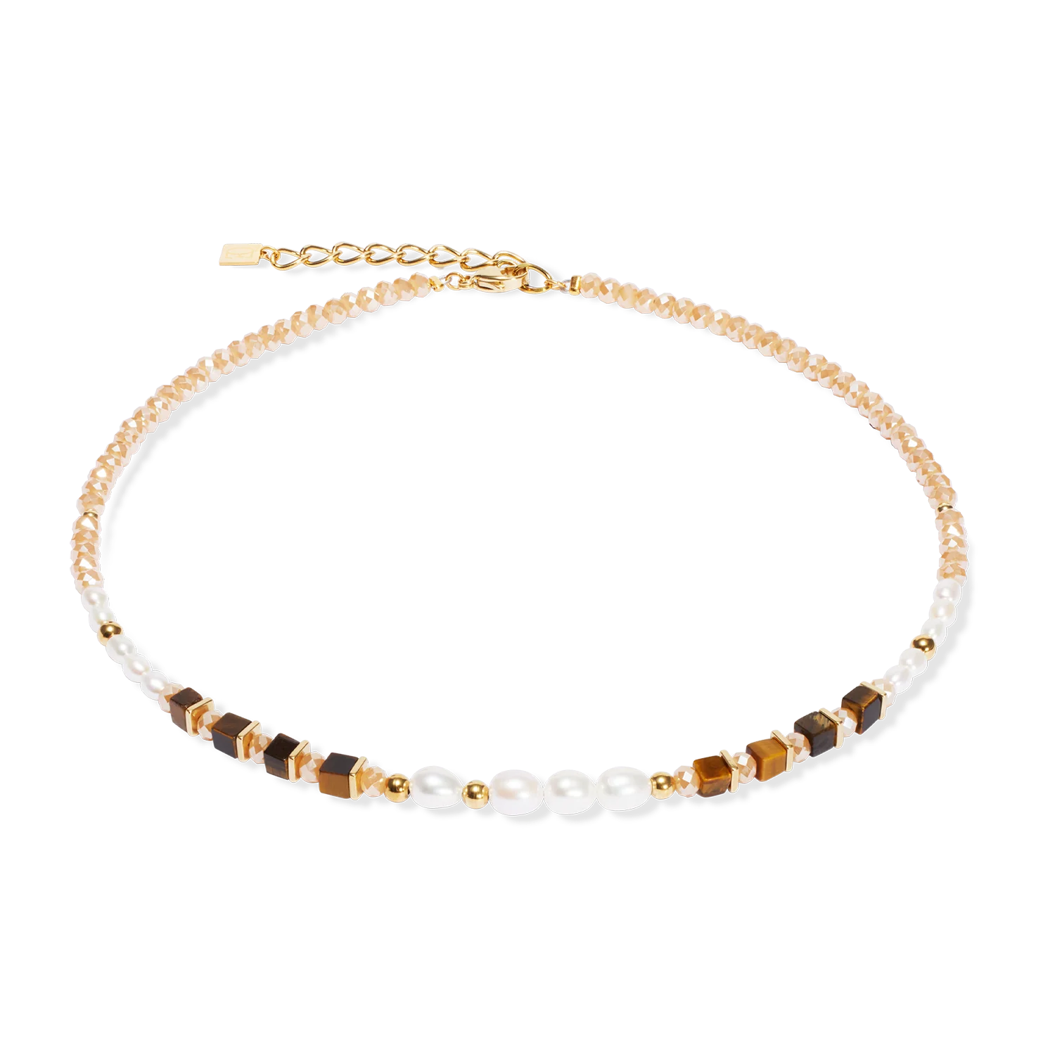 Necklace with gold, brown, and white beads on a white background
